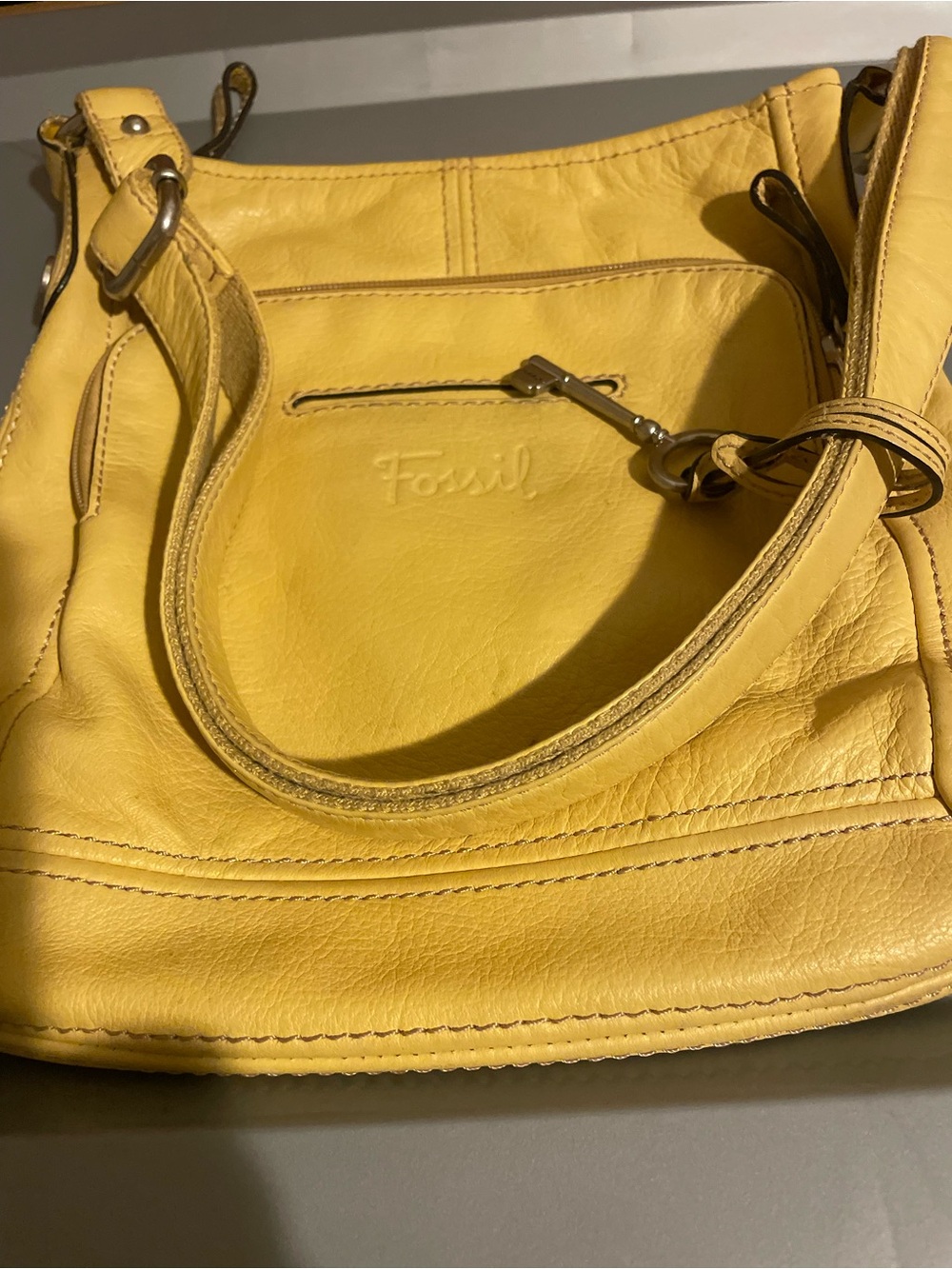 Fossil Yellow Leather Shoulder Bag with Front Zip Pocket